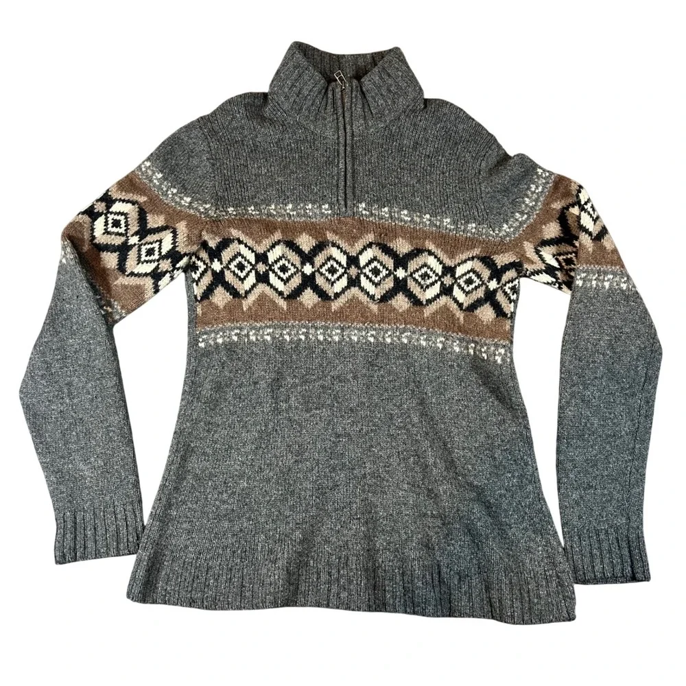 Eddie‎ Bauer Mens Tall Large Lambswool Fair Isle Quarter Zip Sweater Grey Brown